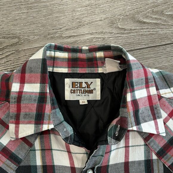 Vintage Ely Cattleman Men’s Medium Insulated Flannel Red/Black Plaid Pearl Snap - Picture 2 of 9